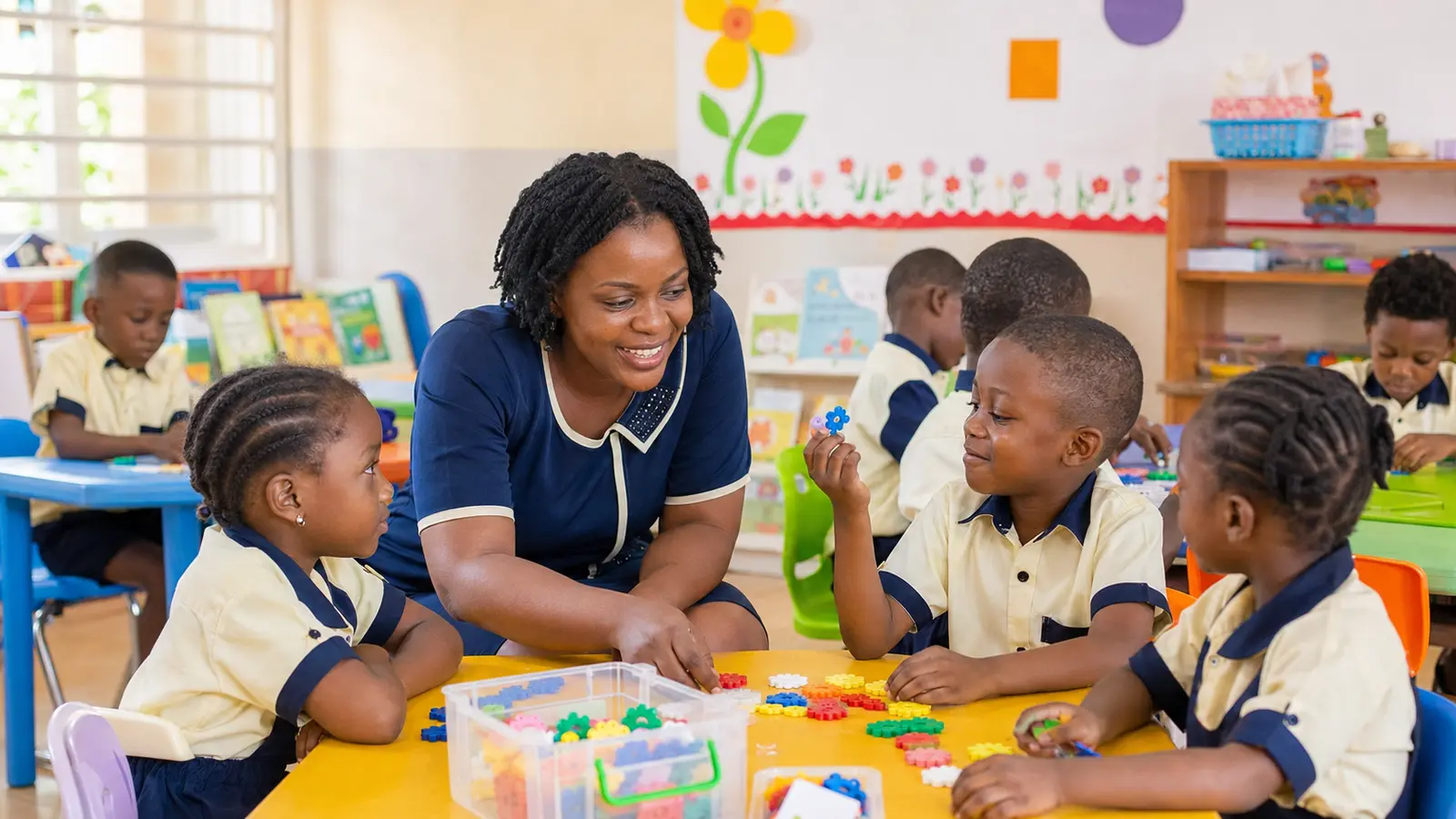 Ghanaian lower-primary teacher guiding pupils in a private-school classroom