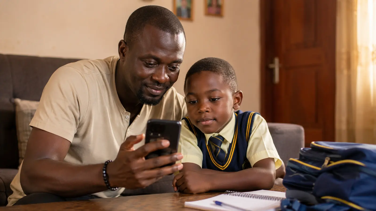 Ghanaian father and lower-primary son reviewing a school update together