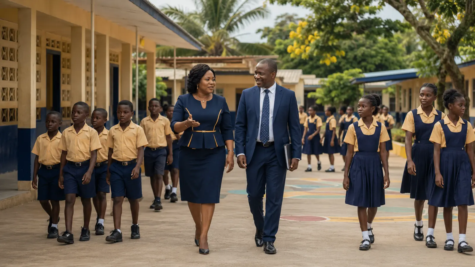 Ghanaian private basic-school leaders walking through campus with primary and junior-high learners
