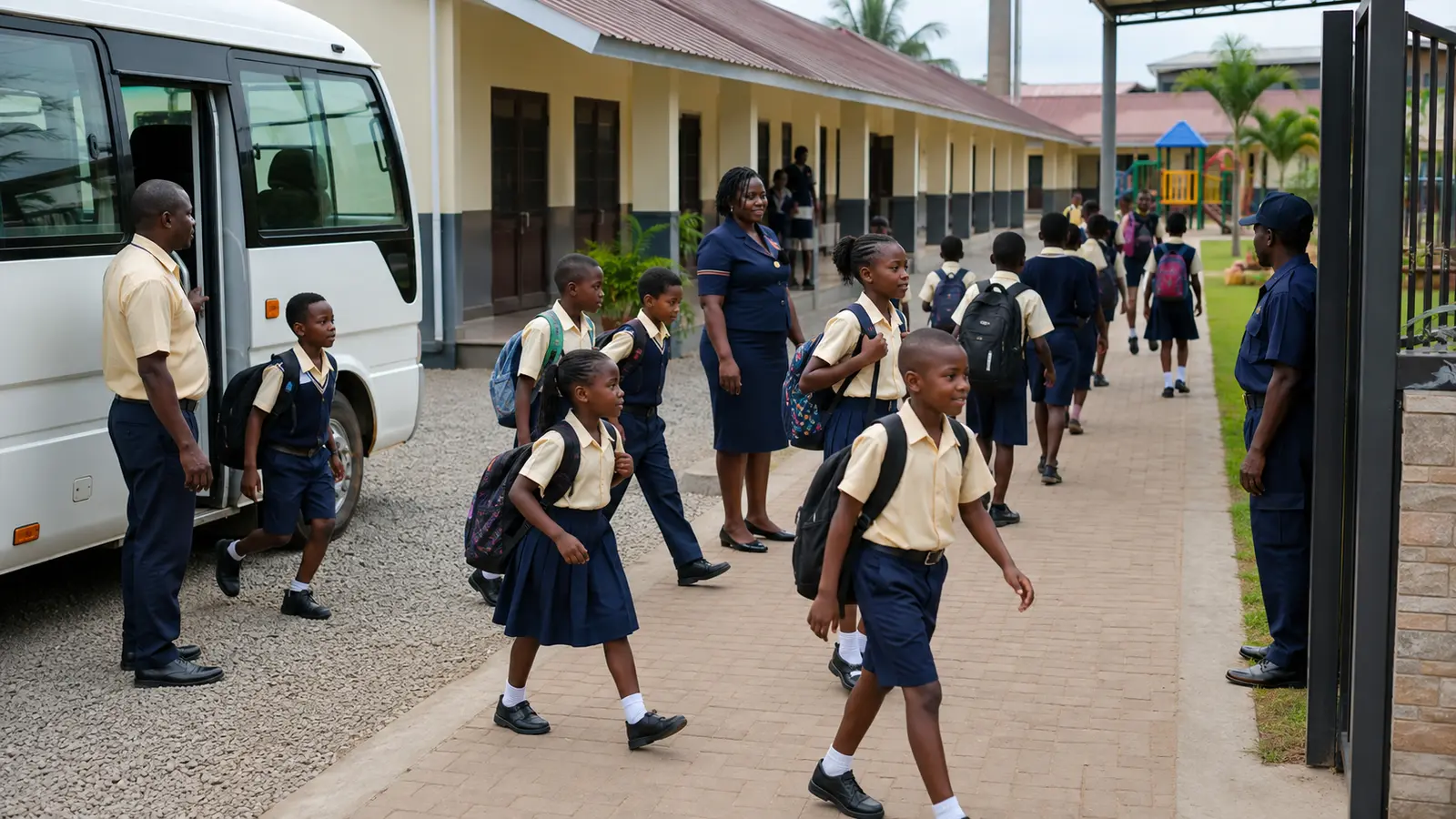 Lower-primary and junior-high pupils arriving at a Ghanaian private basic school